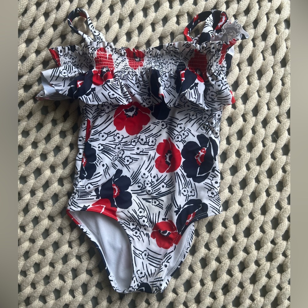 Janie and Jack 3T red white and blue floral ruffle bathing suit